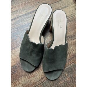 Kate Spade Warren Scalloped Leather Suede Block Heels Green Open Toe 10M